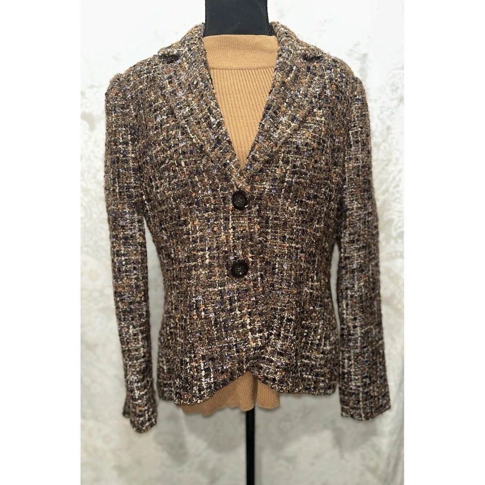 Coldwater Creek Women's Jacket 12 Brown Ribbon Weave Blazer And Mock Neck LS - Picture 1 of 12